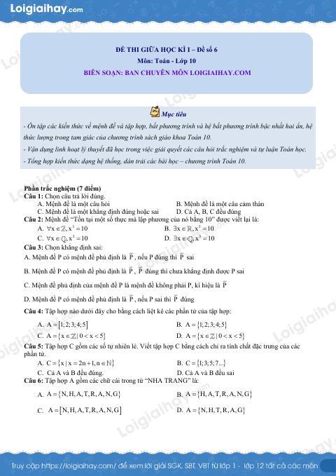 Đề thi giữa kì 1 Toán 10 - Đề số 6